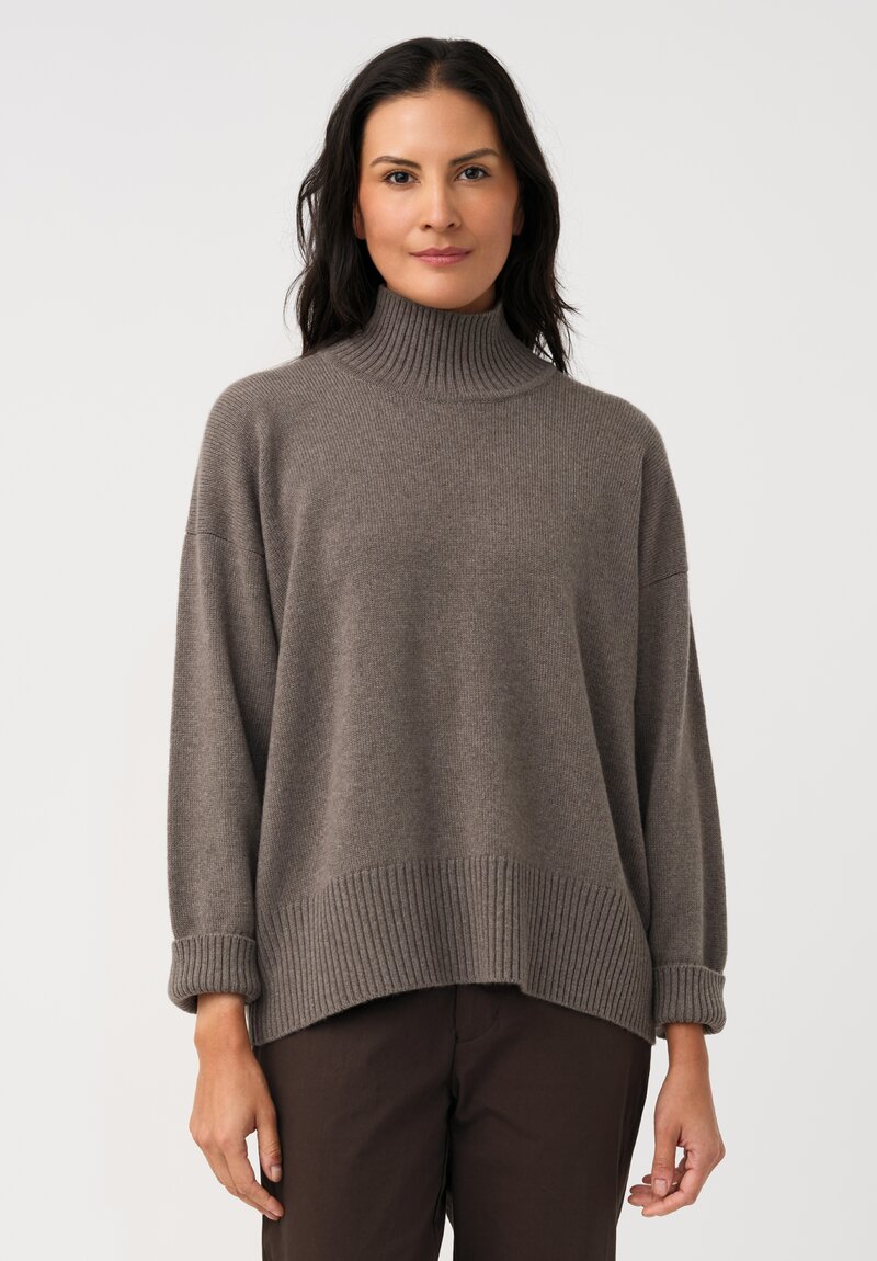 Eskandar Cashmere High Neck Ribbed Edge Sweater in Bison Gray
