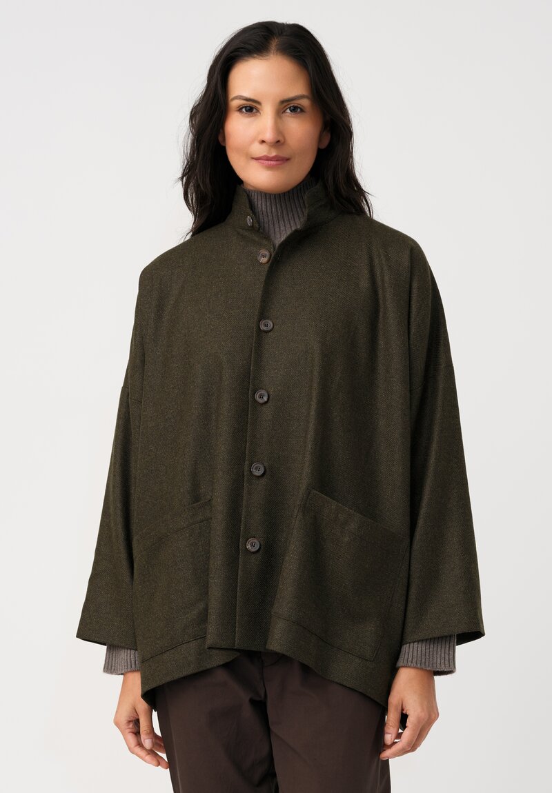 Eskandar Silk Blend Double Stand Collar Jacket in Bronze Olive
