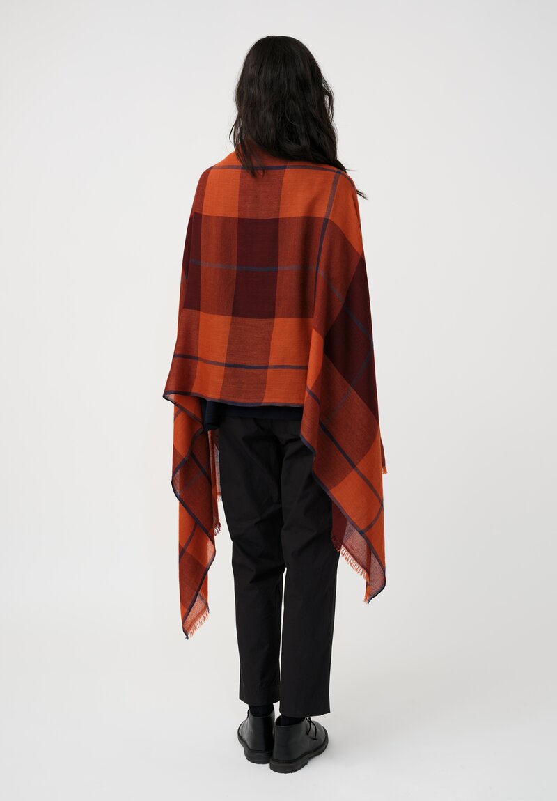 Eskandar Cashmere Tartan Check Scarf in Navy & Rust Orange