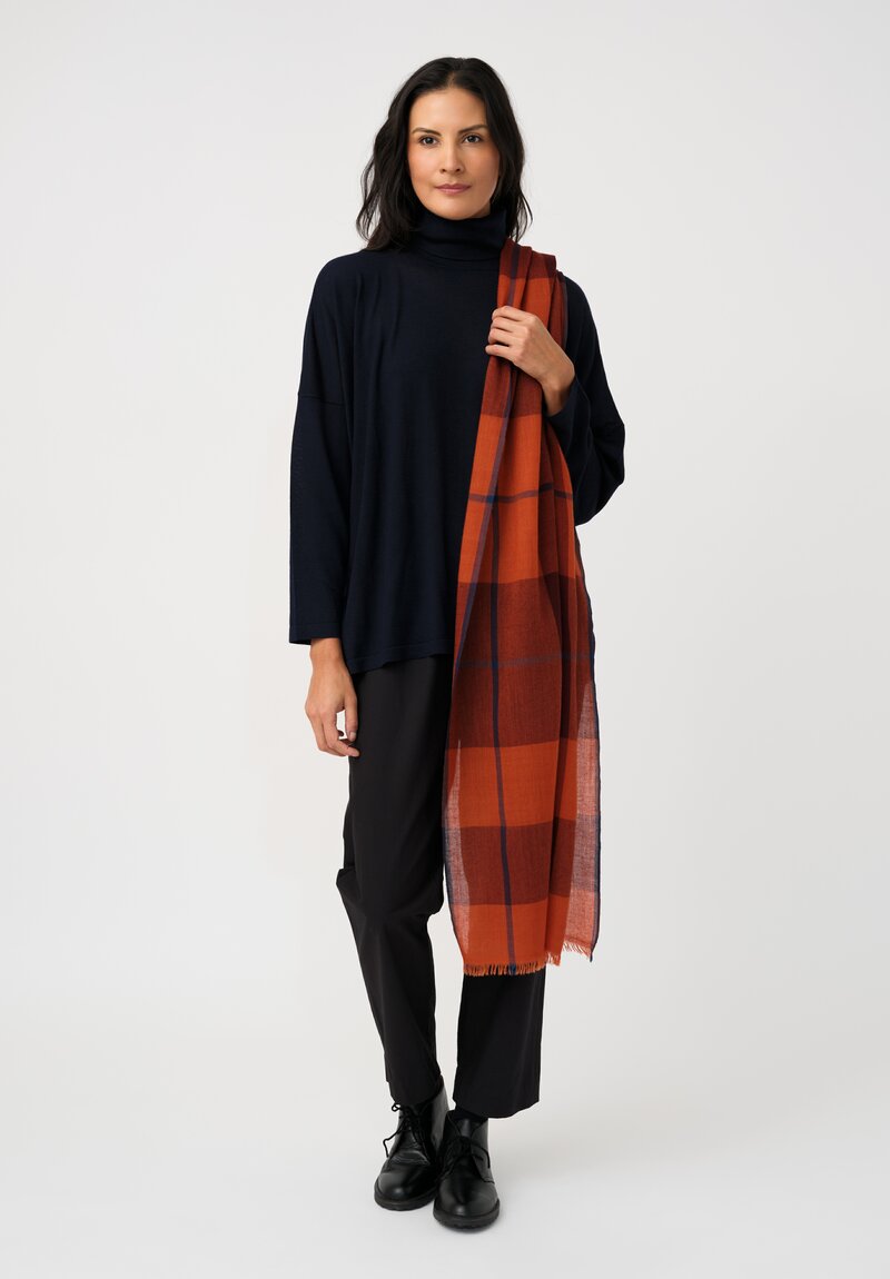 Eskandar Cashmere Tartan Check Scarf in Navy & Rust Orange