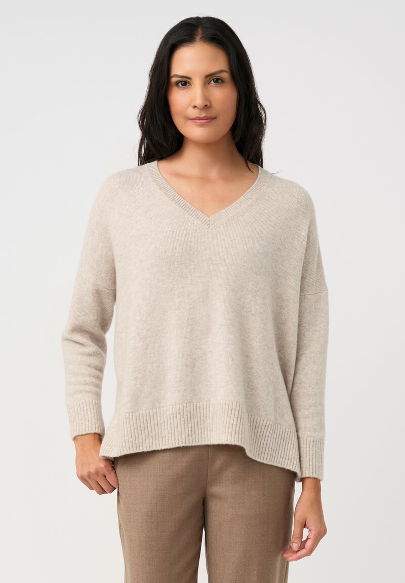 Agnona Cashmere Silk Rib Knit Trimmed V-Neck Sweater