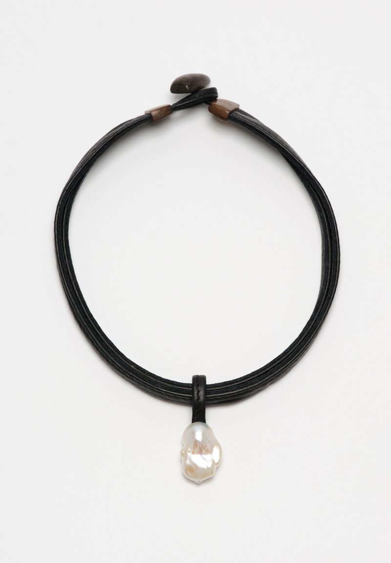 Monies Charbon Baroque Pearl, Leather & Bog Oak Necklace	