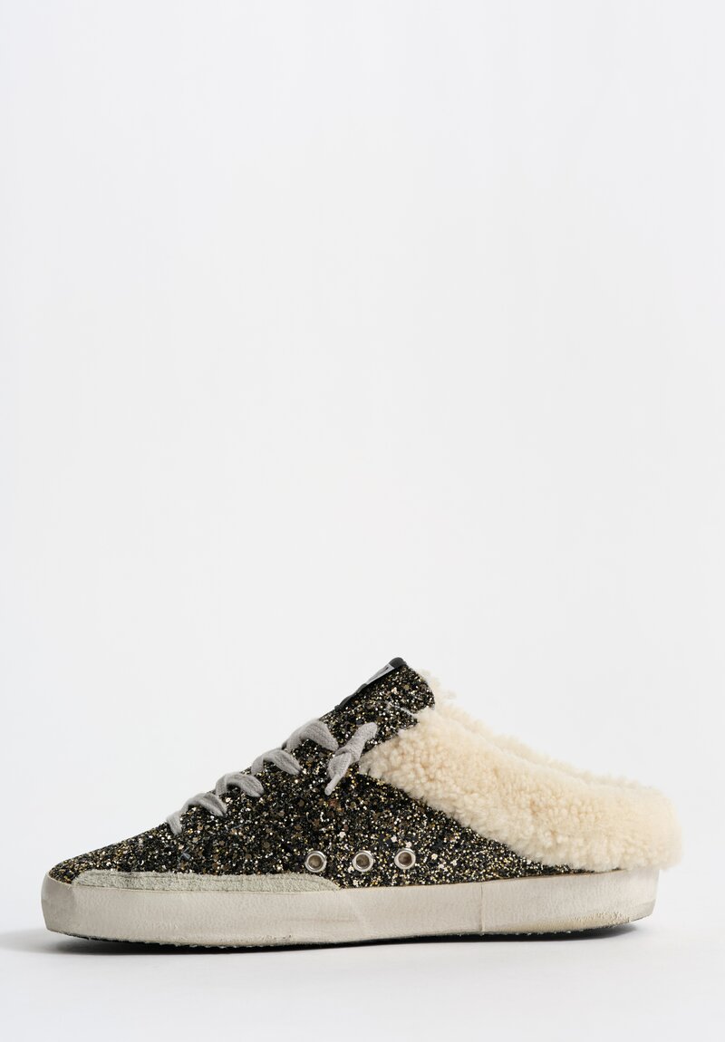 Golden Goose Glitter, Suede & Shearling Super-Star Sabot in Beige, Ice & Black Gold