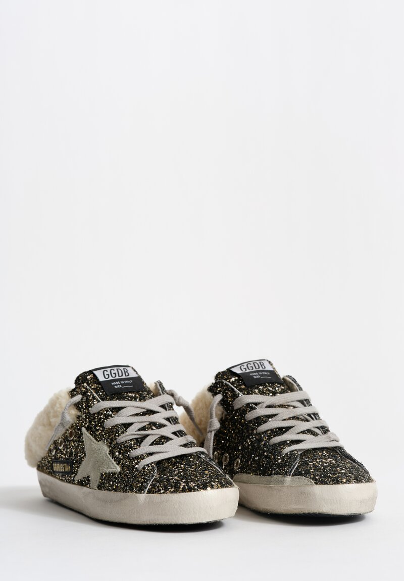Golden Goose Glitter, Suede & Shearling Super-Star Sabot in Beige, Ice & Black Gold