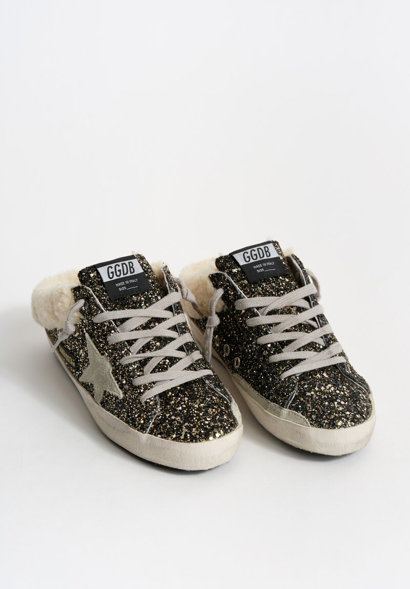 Golden Goose Glitter, Suede & Shearling Super-Star Sabot in Beige, Ice & Black Gold