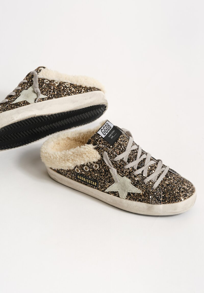 Golden Goose Glitter, Suede & Shearling Super-Star Sabot in Beige, Ice & Black Gold