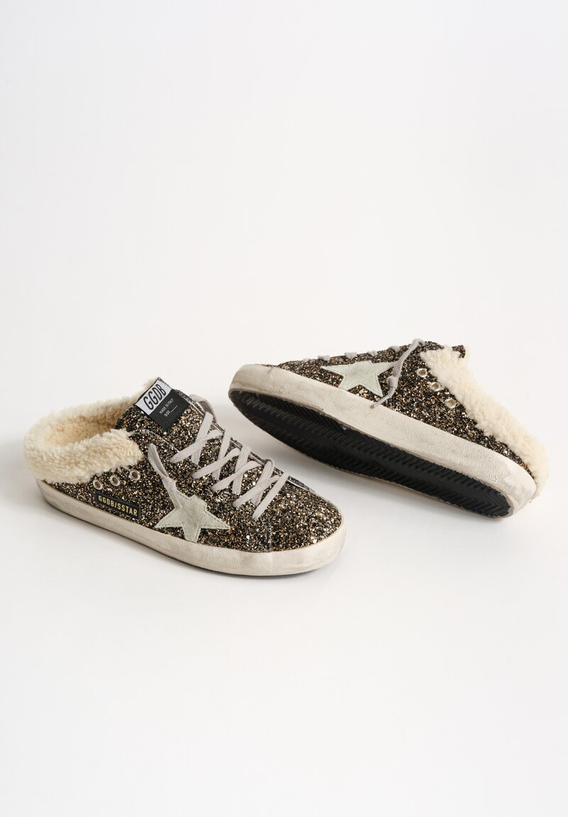 Golden Goose Glitter, Suede & Shearling Super-Star Sabot in Beige, Ice & Black Gold