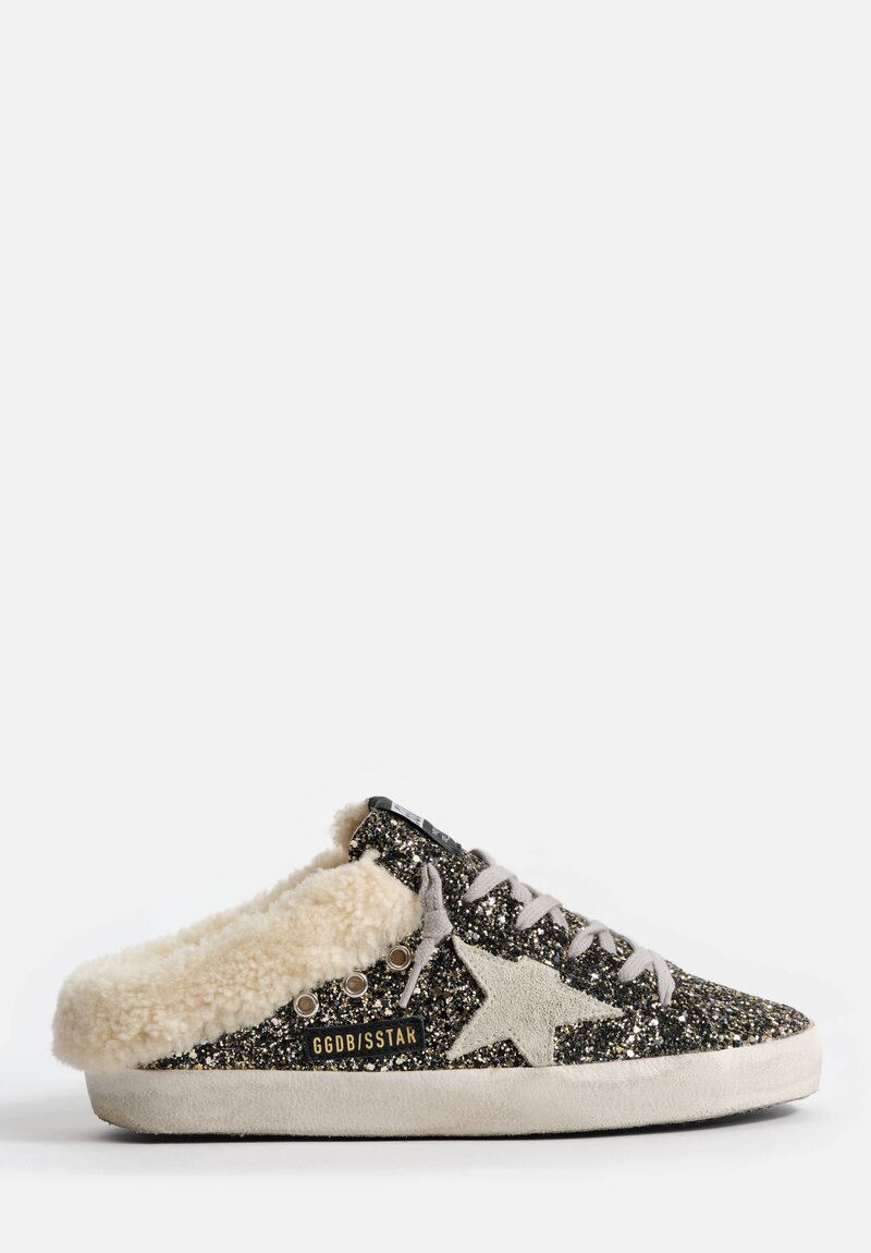 Golden Goose Glitter, Suede & Shearling Super-Star Sabot in Beige, Ice & Black Gold