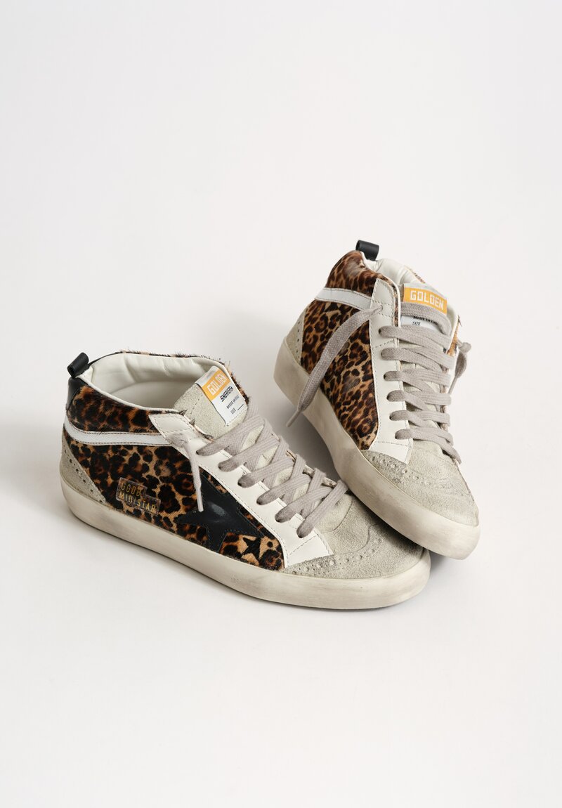Golden Goose Leopard Horse Hair, Suede & Leather Horsy Mid Star in Ice, Black & Beige Brown