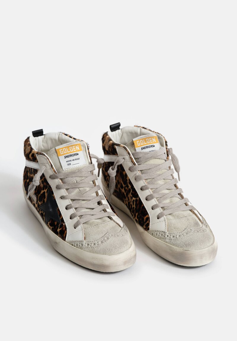 Golden Goose Leopard Horse Hair, Suede & Leather Horsy Mid Star in Ice, Black & Beige Brown