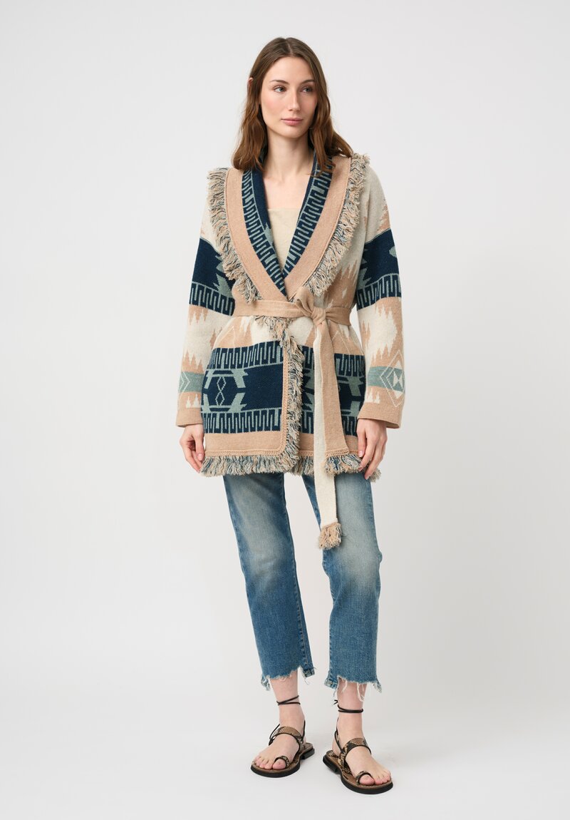 Alanui Linen & Cashmere Jacquard Geometric Pattern Icon Fringed Cardigan