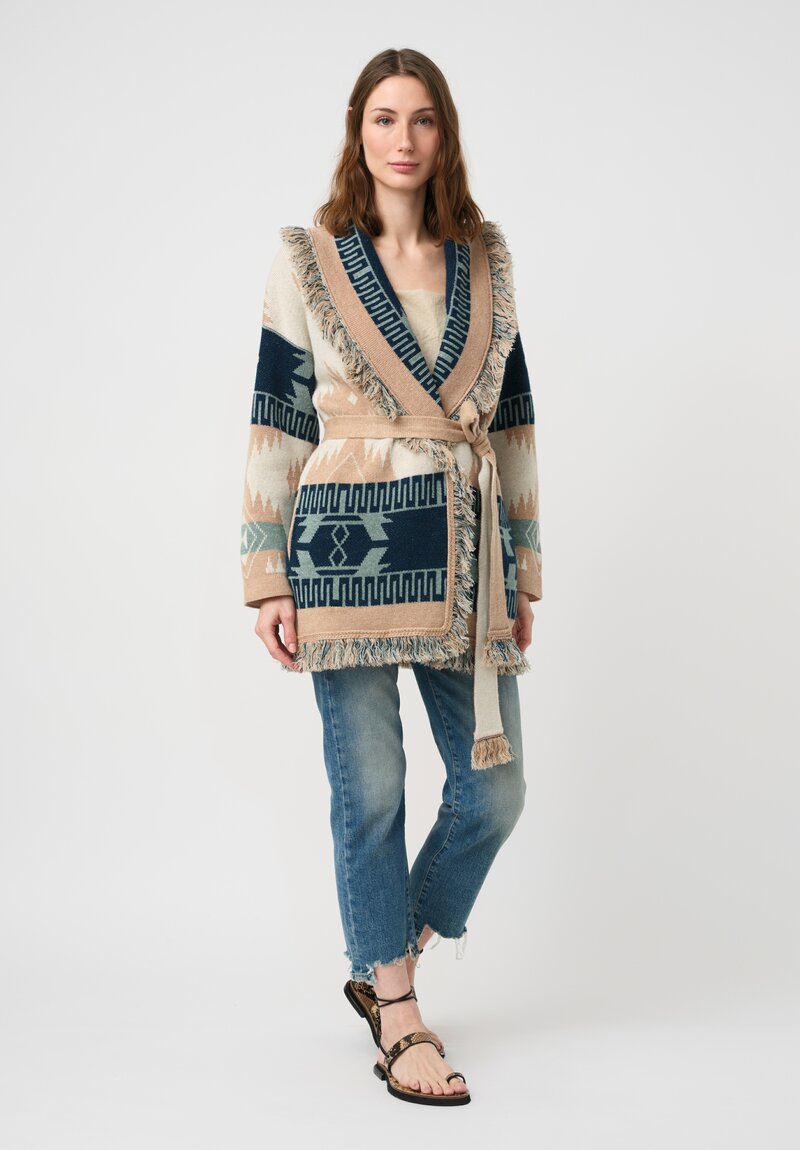 Alanui Linen & Cashmere Jacquard Geometric Pattern Icon Fringed Cardigan