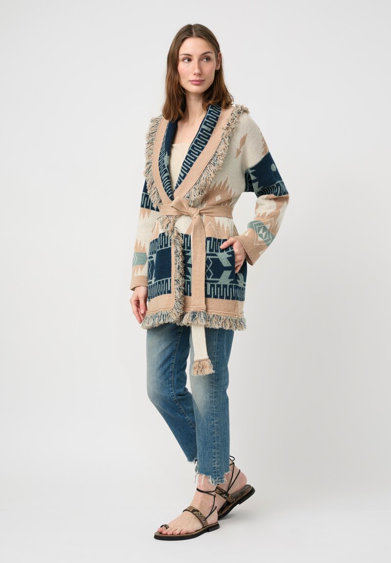 Alanui Linen & Cashmere Jacquard Geometric Pattern Icon Fringed Cardigan