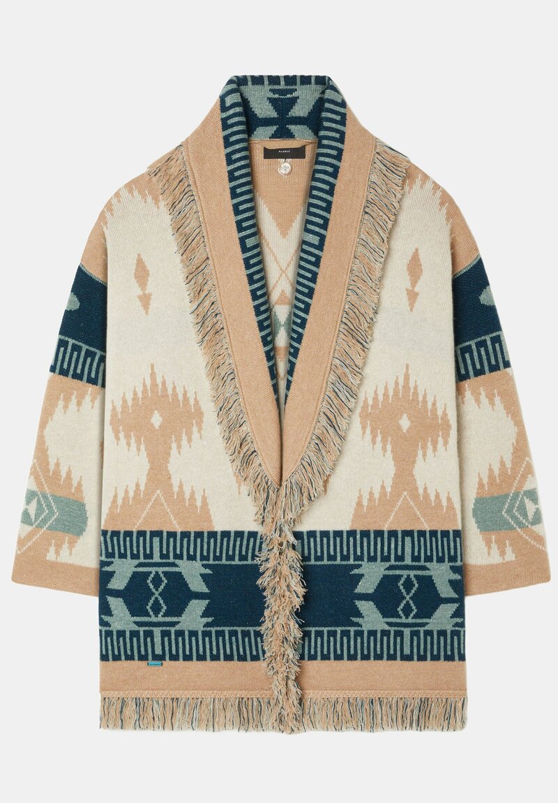 Alanui Linen & Cashmere Jacquard Geometric Pattern Icon Fringed Cardigan