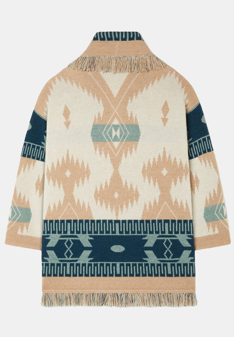 Alanui Linen & Cashmere Jacquard Geometric Pattern Icon Fringed Cardigan
