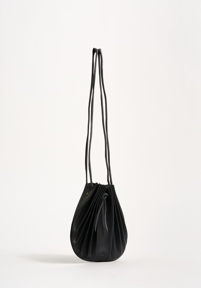 M.A+ Handmade Calf Leather Small Shell Drawstring Bag Black