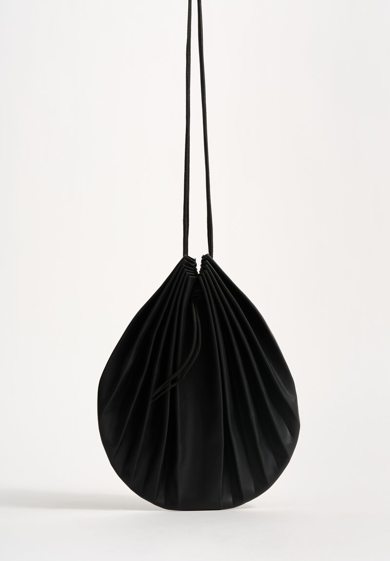 M.A+ Handmade Calf Leather Medium Shell Drawstring Bag Black