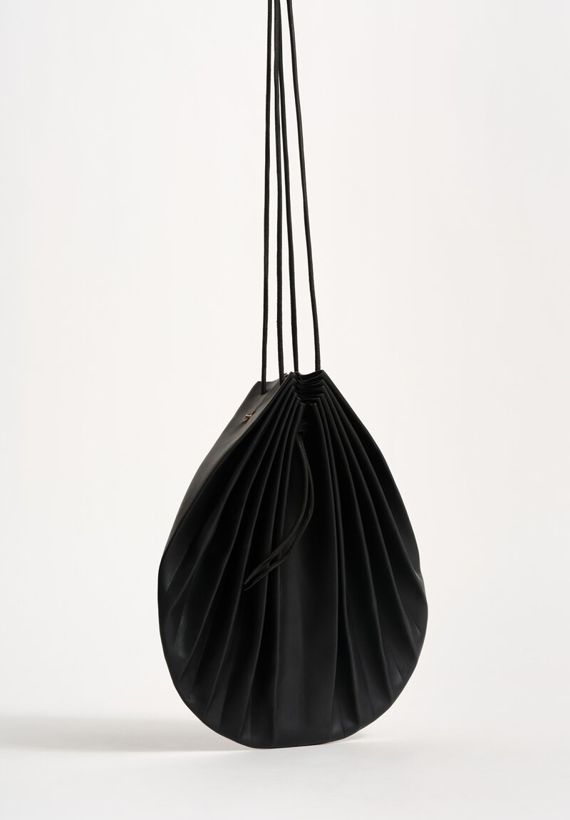 M.A+ Handmade Calf Leather Medium Shell Drawstring Bag Black