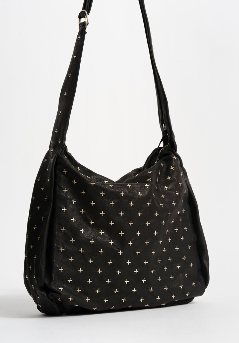 M.A+ Leather Large Square Shoulder Bag with Silver Cross Embellishments Black