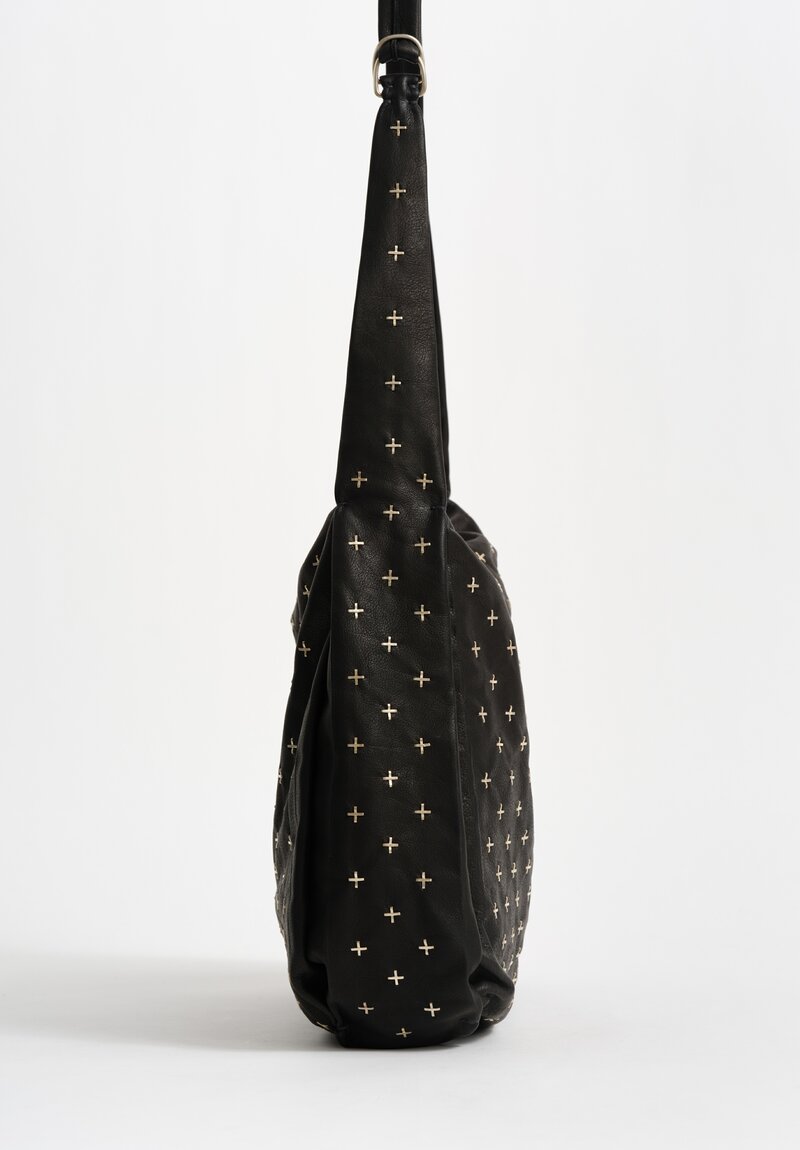 M.A+ Leather Large Square Shoulder Bag with Silver Cross Embellishments Black