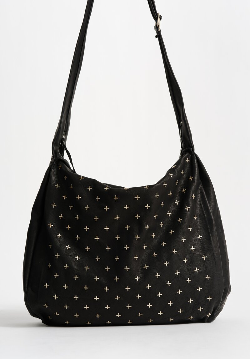 M.A+ Leather Large Square Shoulder Bag with Silver Cross Embellishments Black