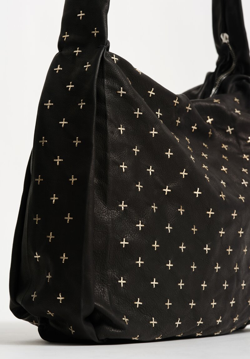 M.A+ Leather Large Square Shoulder Bag with Silver Cross Embellishments Black