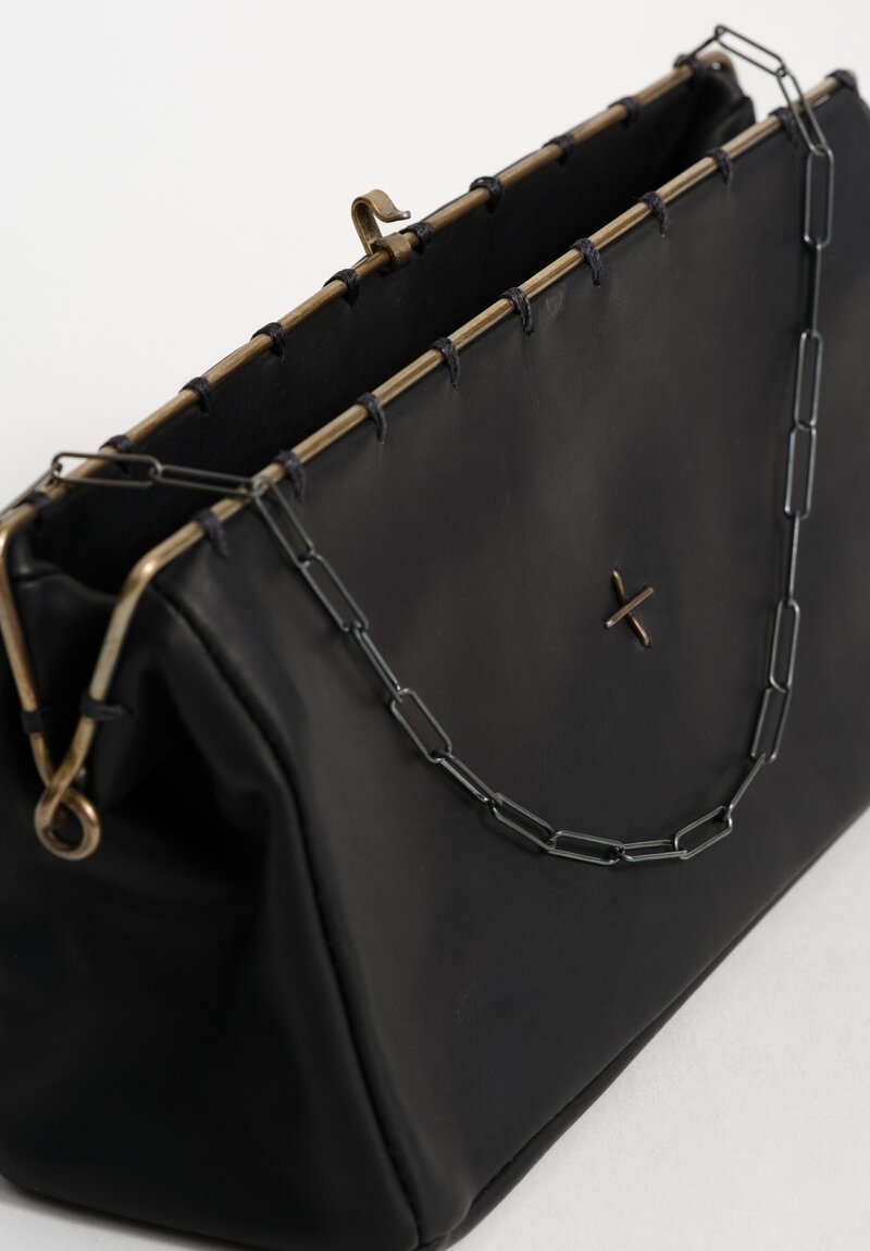 M.A+ Leather Small Pochette Frame Bag with Sterling Silver Chain Black