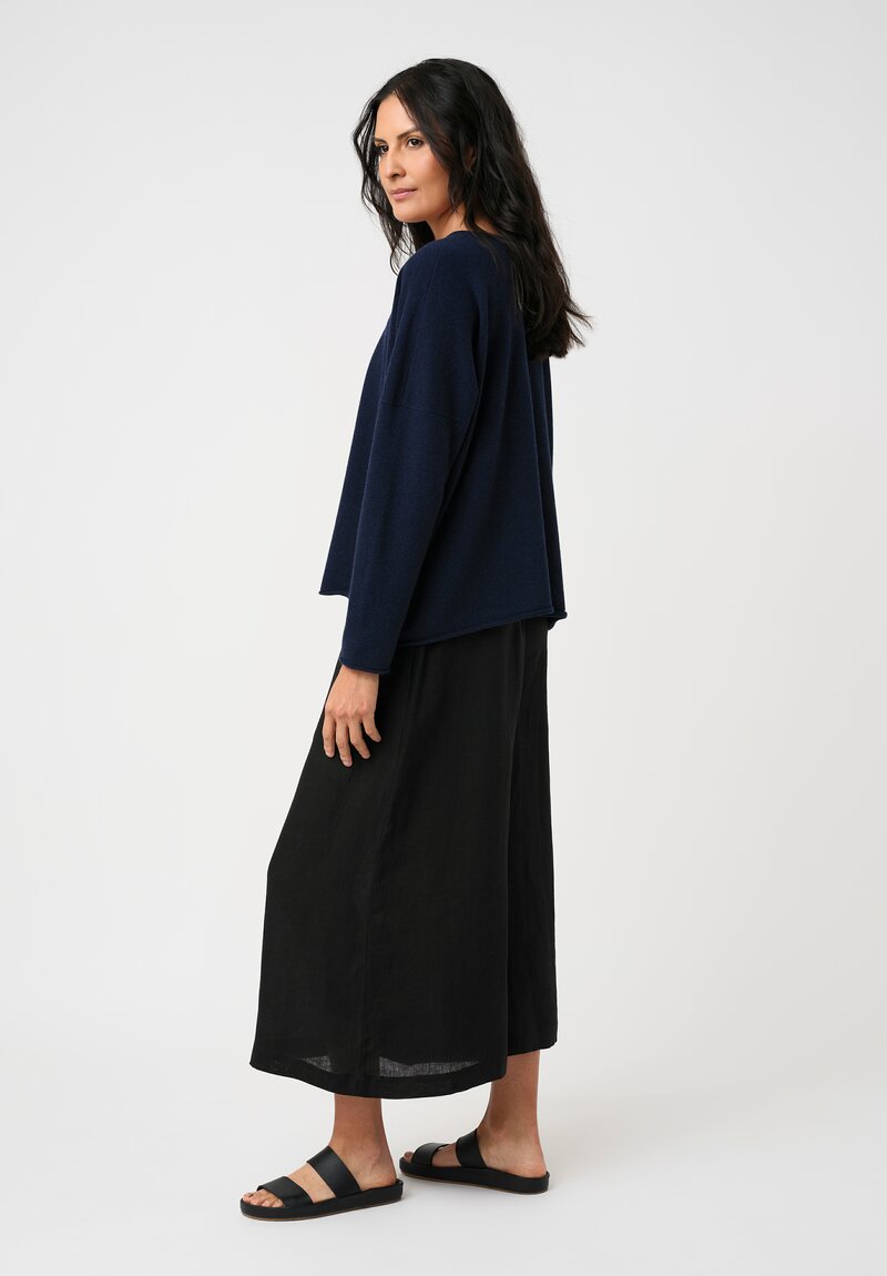 Eskandar Cashmere Rolled Edge Rounded Bateau Neck Sweater in Ink Blue