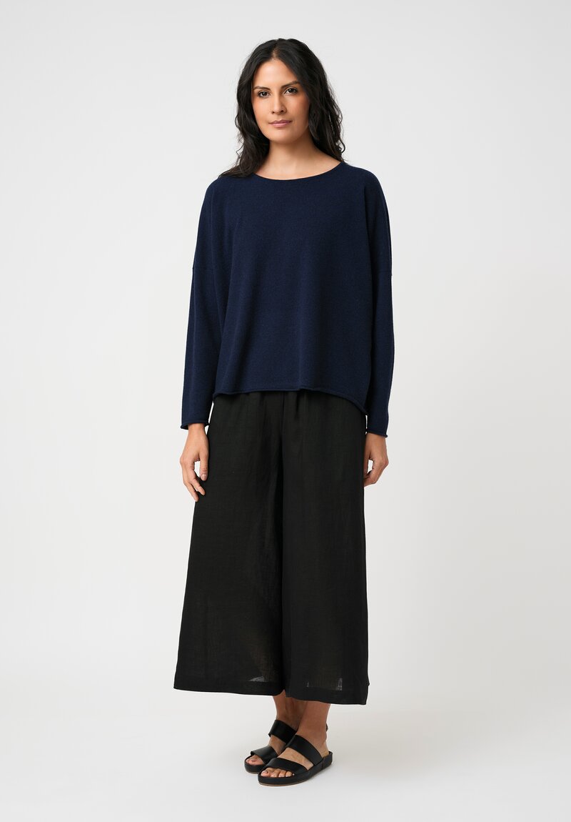 Eskandar Cashmere Rolled Edge Rounded Bateau Neck Sweater in Ink Blue