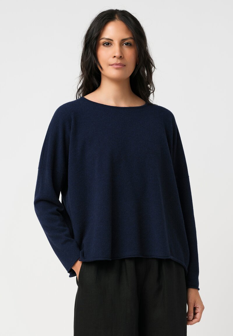 Eskandar Cashmere Rolled Edge Rounded Bateau Neck Sweater in Ink Blue