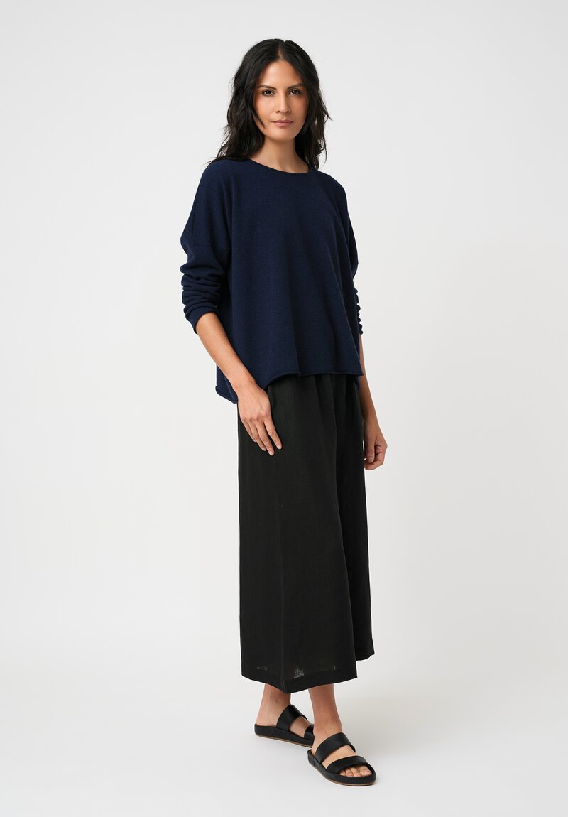 Eskandar Cashmere Rolled Edge Rounded Bateau Neck Sweater in Ink Blue