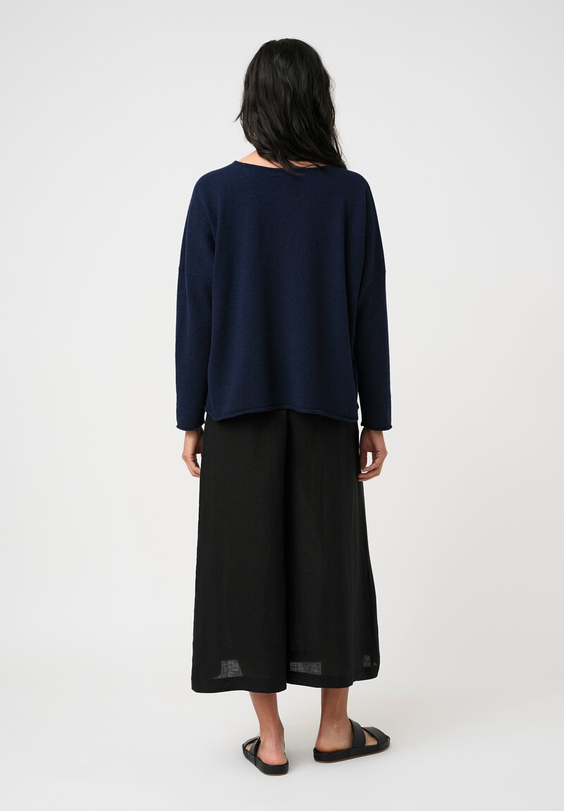 Eskandar Cashmere Rolled Edge Rounded Bateau Neck Sweater in Ink Blue