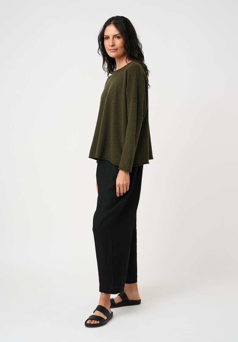 Eskandar Cashmere Rolled Edge Rounded Bateau Neck Sweater in Moss Bronze Olive