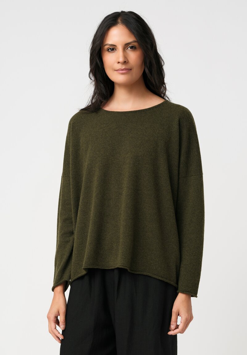 Eskandar Cashmere Rolled Edge Rounded Bateau Neck Sweater in Moss Bronze Olive