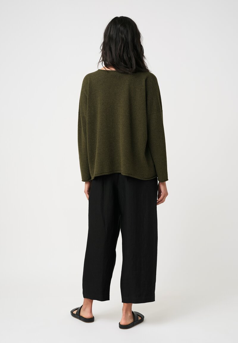 Eskandar Cashmere Rolled Edge Rounded Bateau Neck Sweater in Moss Bronze Olive