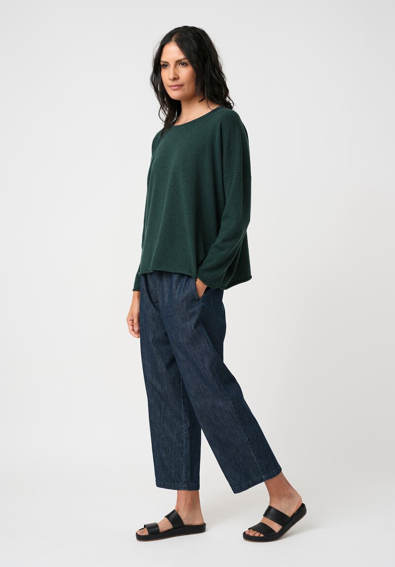 Eskandar Cashmere Rolled Edge Rounded Bateau Neck Sweater in Spruce Green