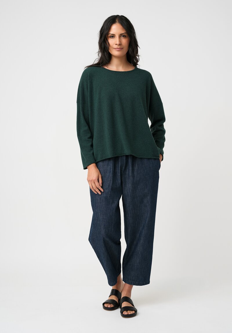 Eskandar Cashmere Rolled Edge Rounded Bateau Neck Sweater in Spruce Green