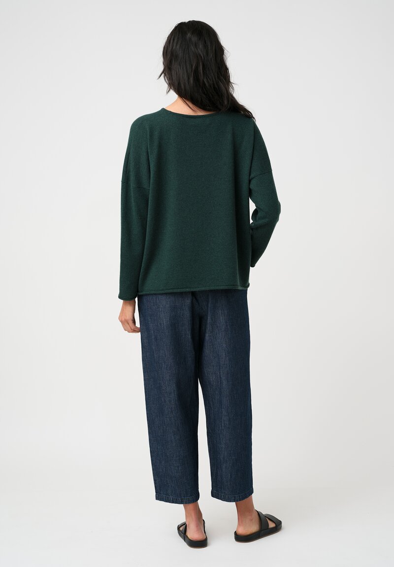 Eskandar Cashmere Rolled Edge Rounded Bateau Neck Sweater in Spruce Green