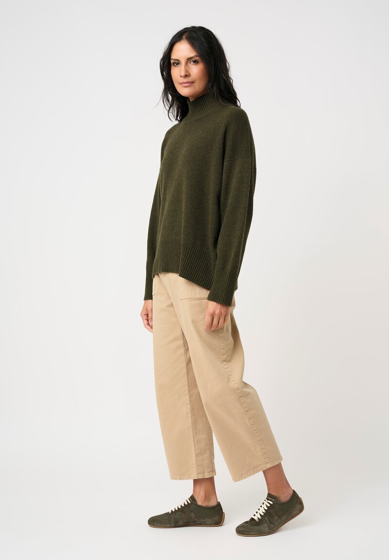 Eskandar Cashmere High Neck Ribbed Edge Sweater in Moss Bronze Olive