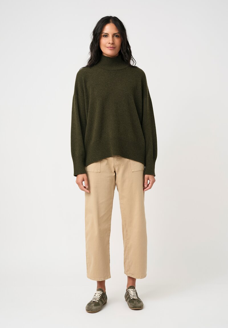 Eskandar Cashmere High Neck Ribbed Edge Sweater in Moss Bronze Olive
