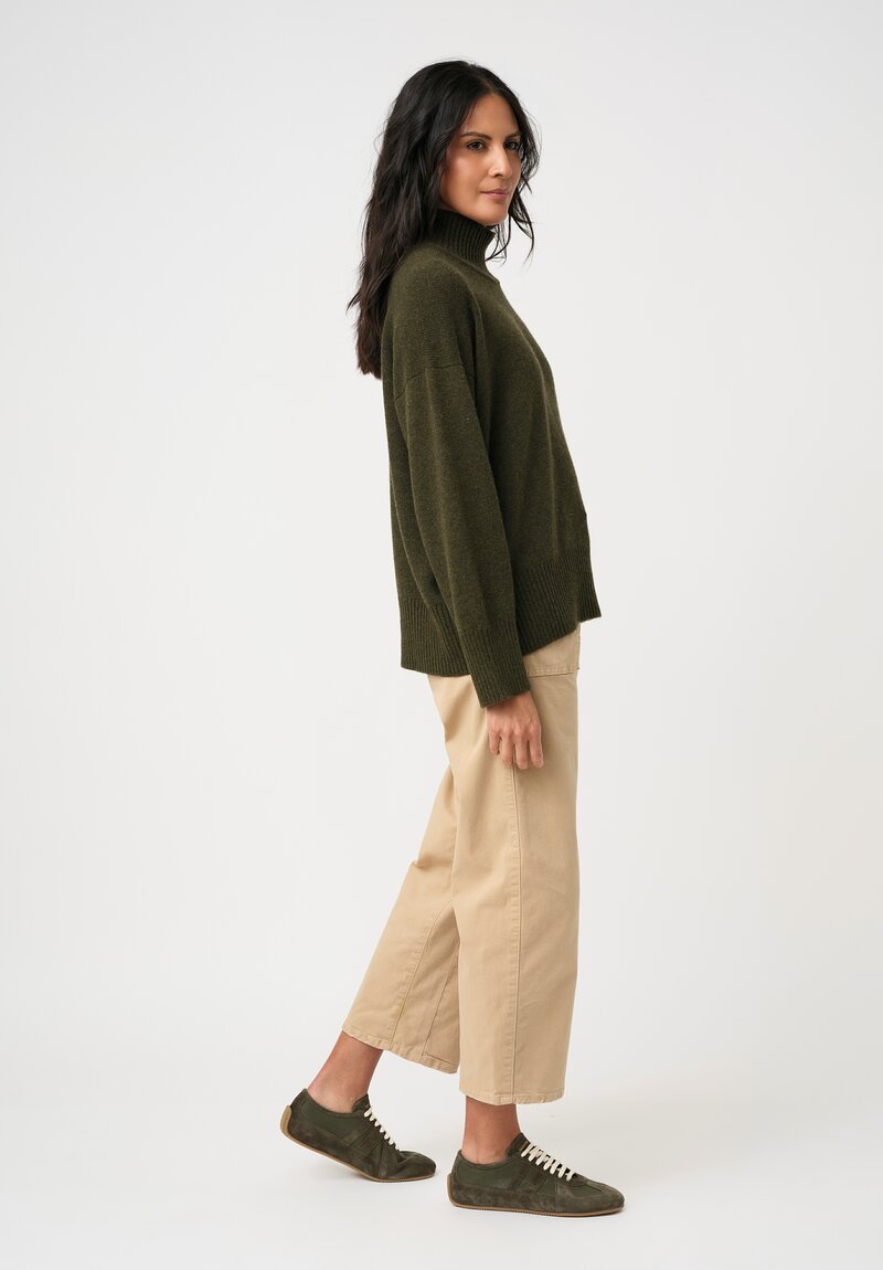 Eskandar Cashmere High Neck Ribbed Edge Sweater in Moss Bronze Olive