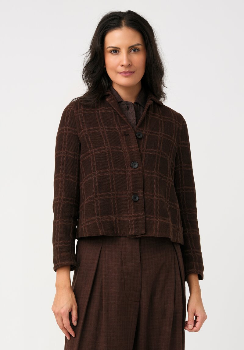 Biek Verstappen Thermal Cotton Cropped Jacket in Mahogany Brown Windowpane Plaid