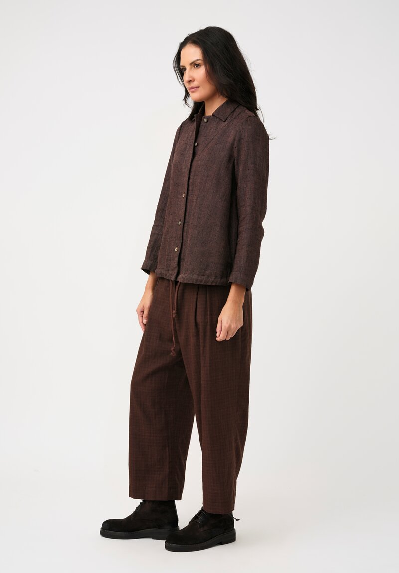 Biek Verstappen Silk & Linen Drawstring Blouson Button-Down Shirt in Plum Brown
