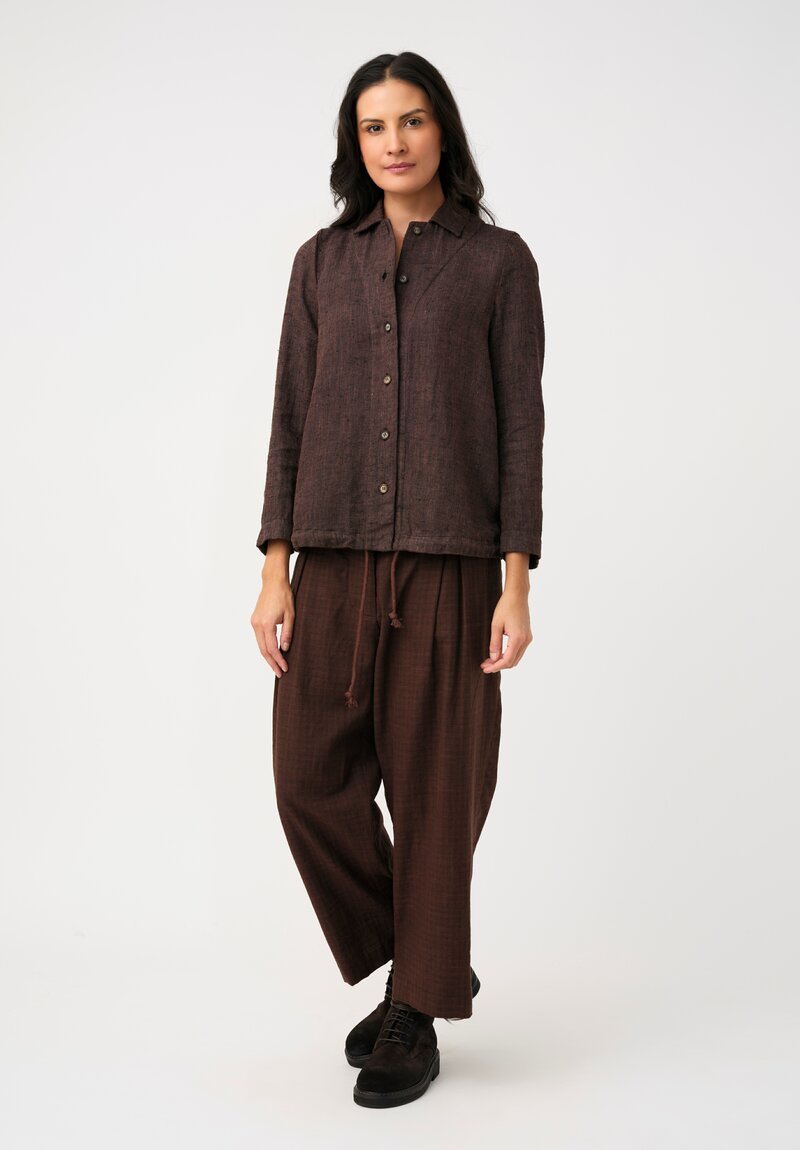 Biek Verstappen Silk & Linen Drawstring Blouson Button-Down Shirt in Plum Brown