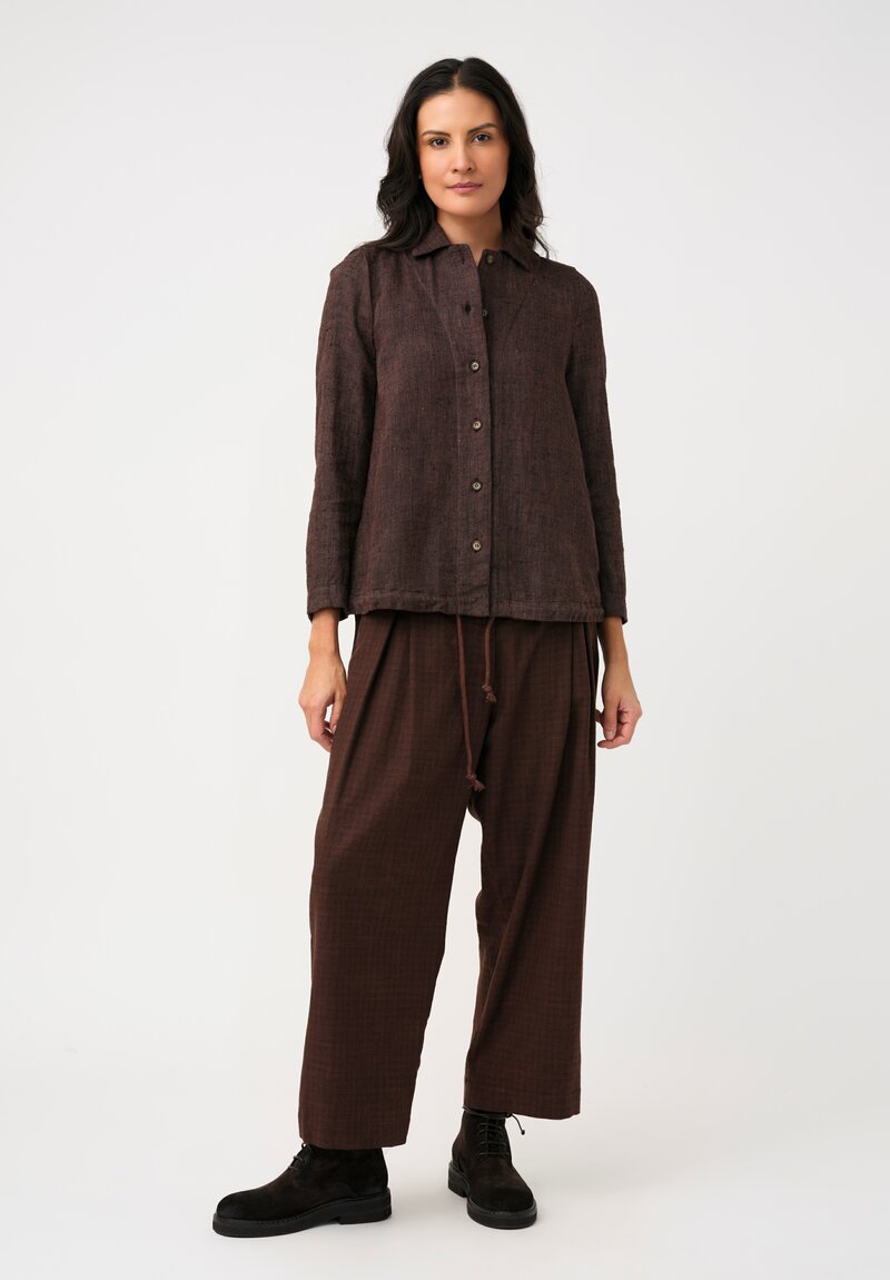 Biek Verstappen Silk & Linen Drawstring Blouson Button-Down Shirt in Plum Brown