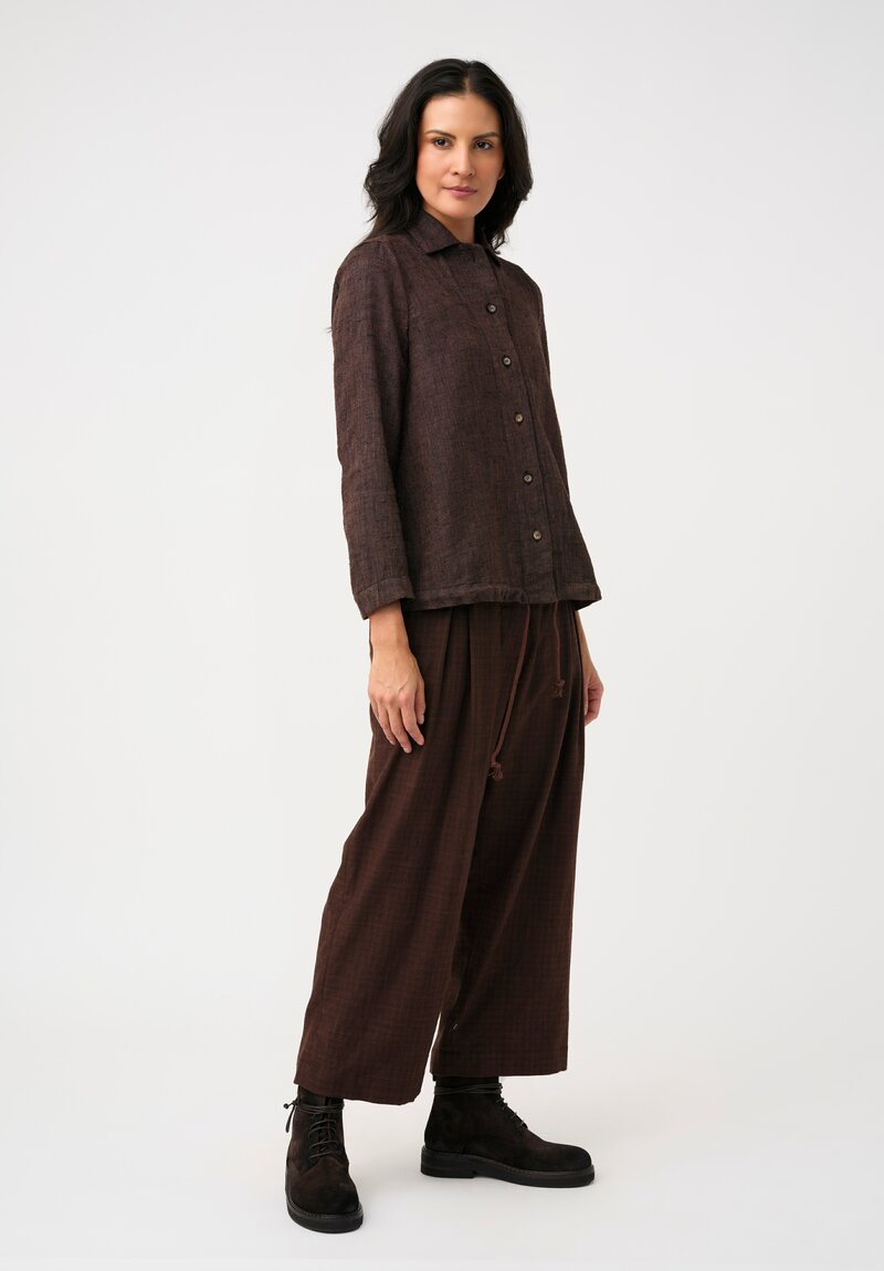 Biek Verstappen Silk & Linen Drawstring Blouson Button-Down Shirt in Plum Brown
