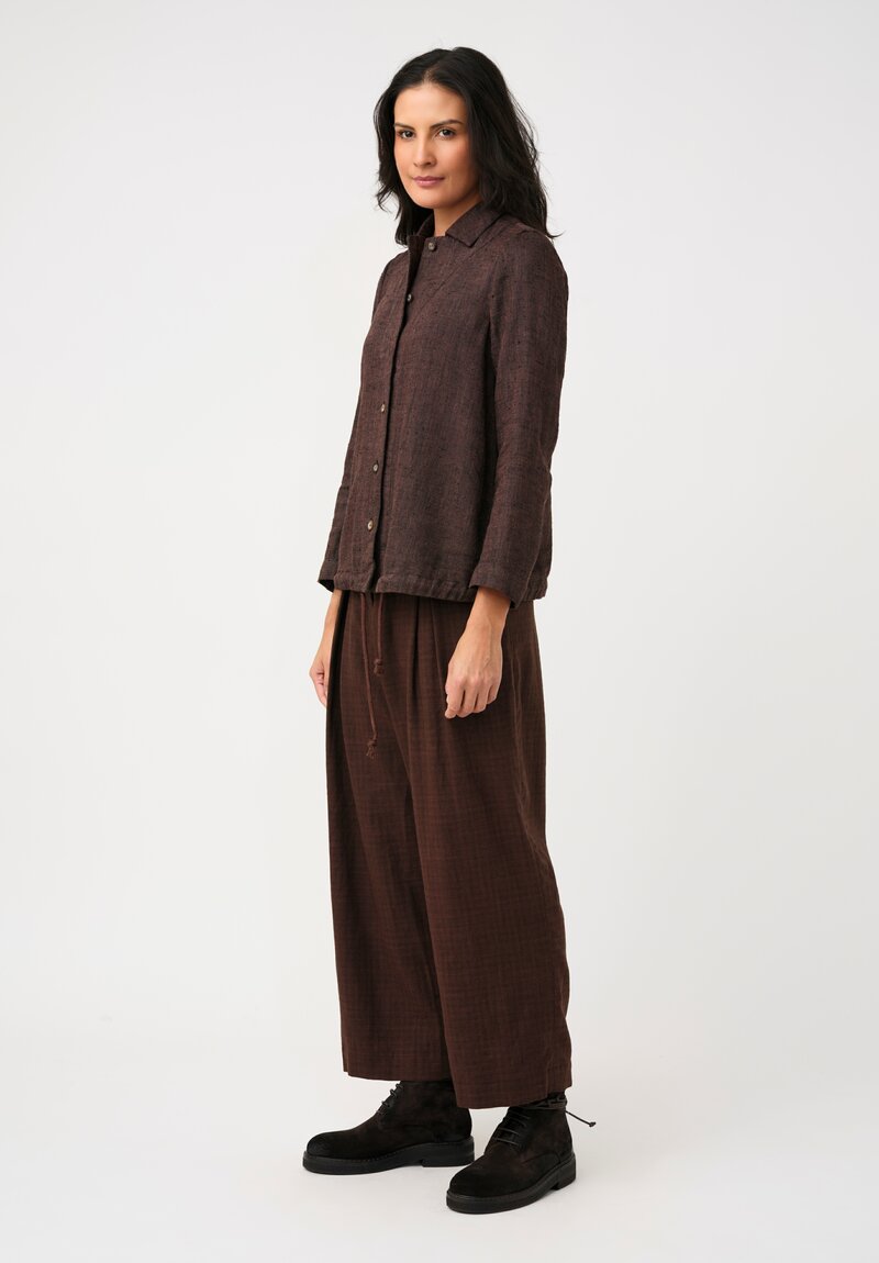 Biek Verstappen Thermal Cotton Pleated Trousers in Mahogany Brown Micro-Plaid