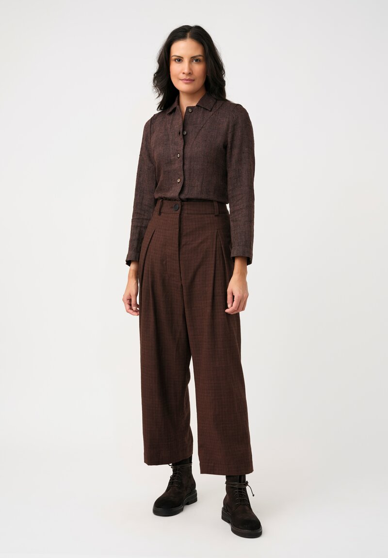 Biek Verstappen Thermal Cotton Pleated Trousers in Mahogany Brown Micro-Plaid