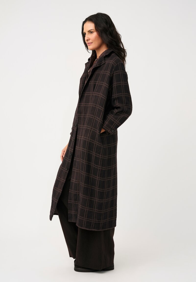 Biek Verstappen Thermal Cotton Pleated Dress Coat in Ash Brown Windowpane Plaid