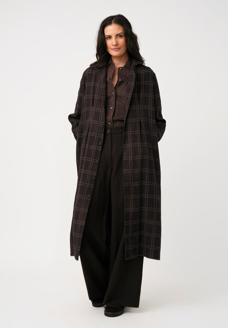 Biek Verstappen Thermal Cotton Pleated Dress Coat in Ash Brown Windowpane Plaid